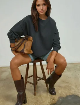 Womens Oversized Crew Neck Basic Sweatshirt - Grey - Hiccup - FashionsVida