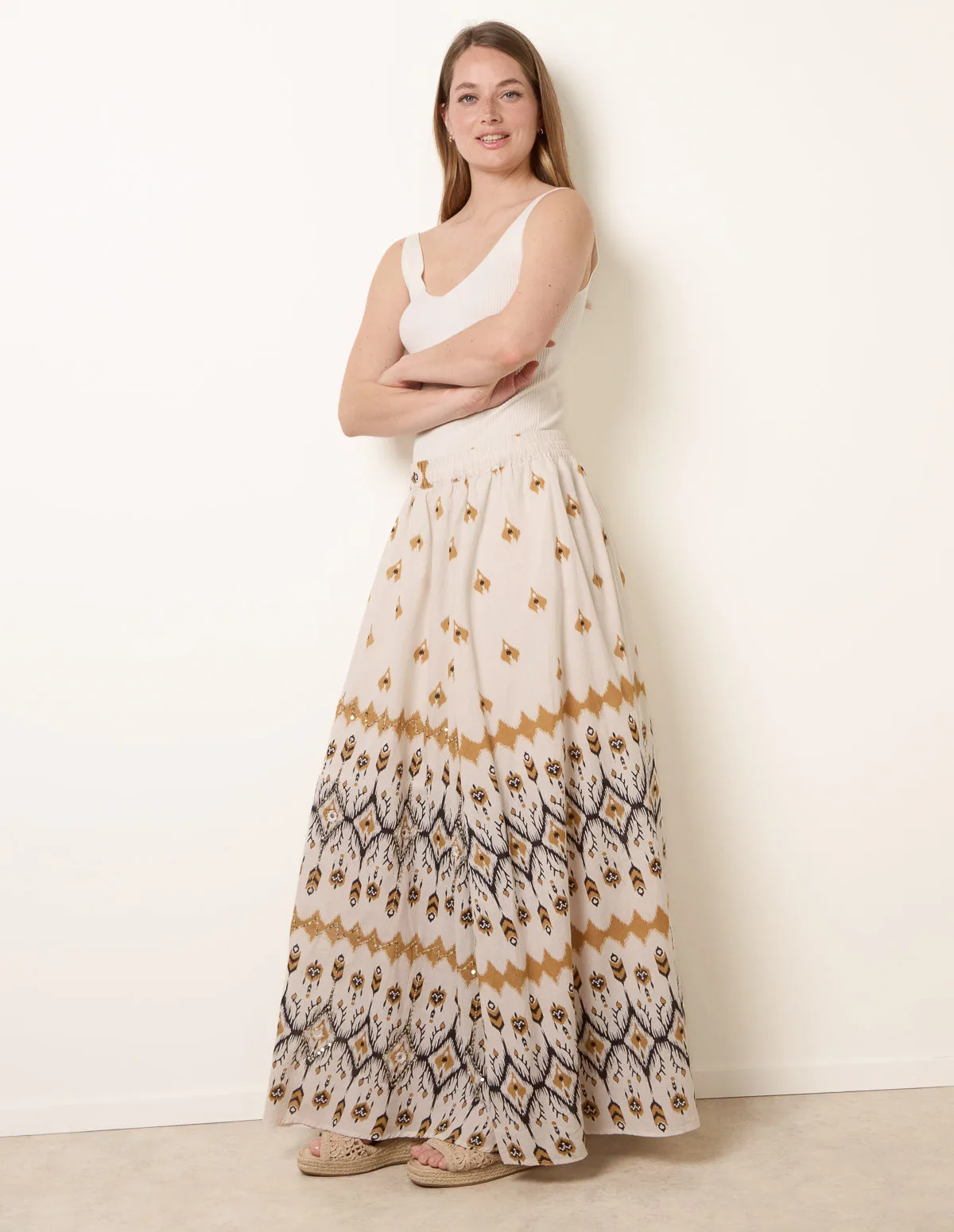 Embroidered Midi Skirt - S/M / STONE - female - Blue Vanilla - FashionsVida