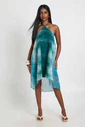 Womens Printed Chiffon Asymmetric Hem Midi Dress - Blue - Size 8 Uk