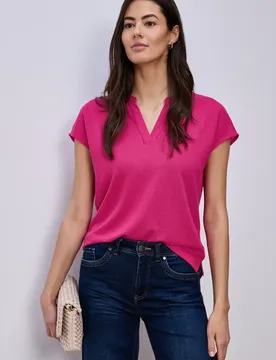 Shirt mit Split Neck im Strick-Look female Pink