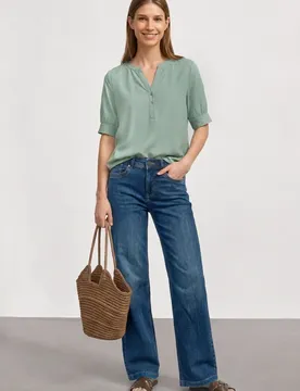 Kurzarm Bluse mit Split Neck und Elastiksaum female Grün