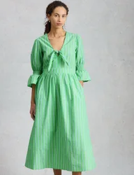 Pure Cotton Striped Midaxi Shirred Dress Green Mix female