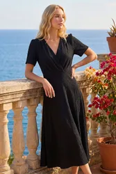 Women's Textured Wrap Bodice Midi Dress in Black Size: 14 - Black - Size: 14