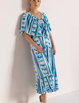 Women's Printed V Neck Midaxi Dress in Blue Size: 10 - Blue - Size: 10 - Klass. - FashionsVida