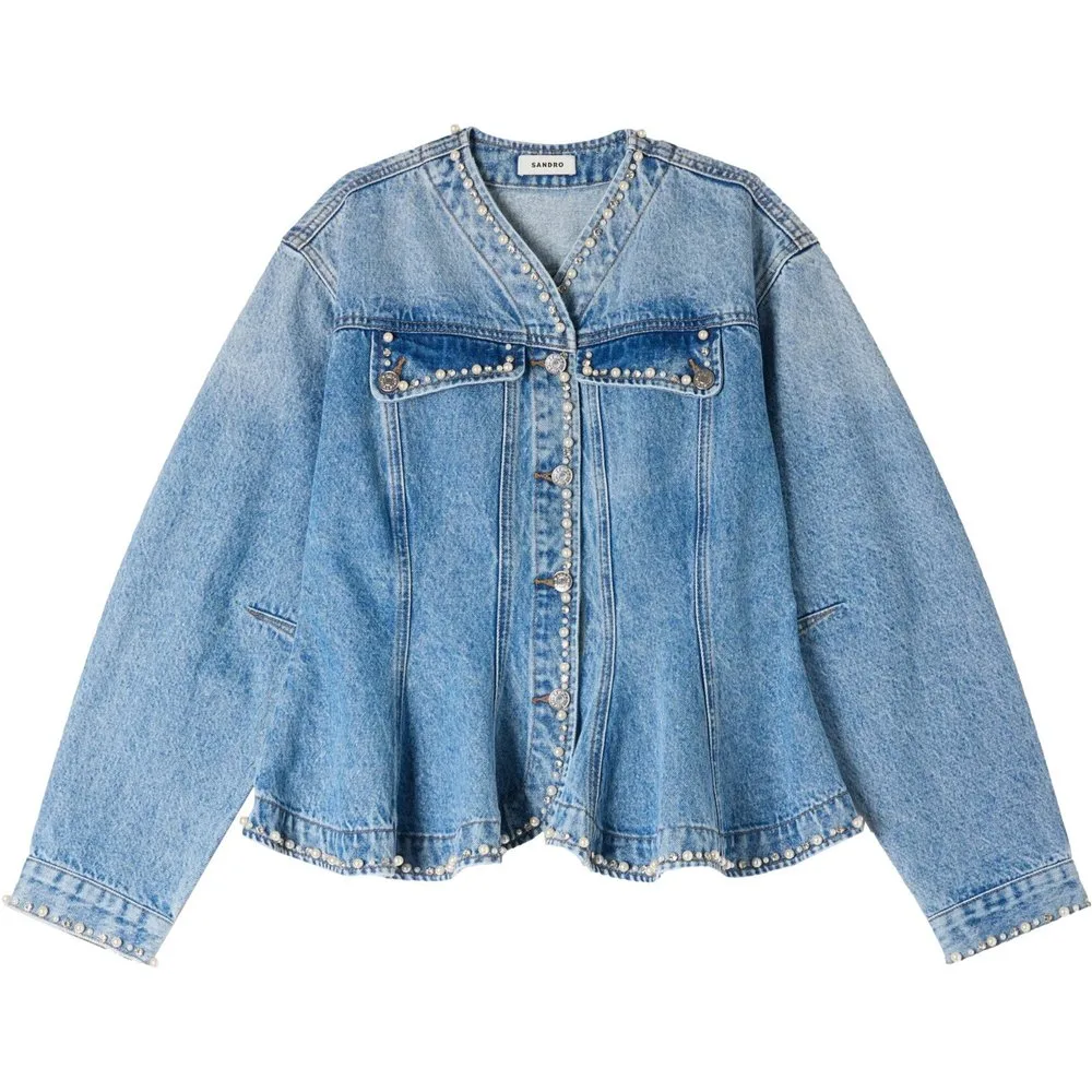 Cazadora de mujer vaquera entallada con perlas, desteñida y 100% algodón - sandro - FashionsVida