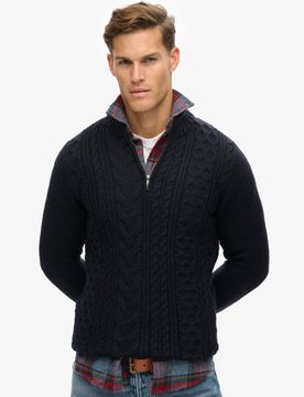 Superdry Herren Marineblau Jacob Zopfmusterpullover mit Halblangem Reißverschluss, Größe: S