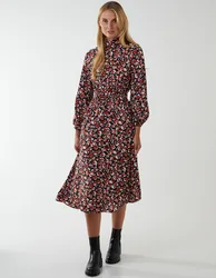Drawstring Sleeve Elasticated Midi Dress - 10 / BROWN - female