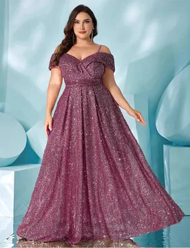 Plus Size Mauve Sequin Tulle Maxi Dress Women Off Shoulder Spaghetti Strap Ruched Waist A Line Formal Evening Wedding Guest Gown - Aliexpress - FashionsVida