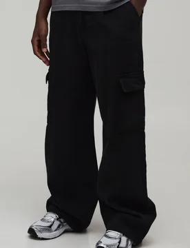 Herren Weite Passform Halb & Halb Bund Cargotasche Gewaschene Twill Hose Black Größe 4XL - boohooMAN - FashionsVida