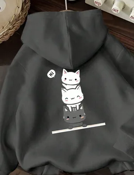 Sudadera con estampado de gato lindo de felpa, cálida y cómoda, adecuada para otoño/invierno, estilo casual, urbano y de campus - Shein - FashionsVida