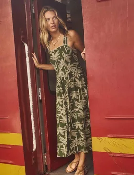 Tatum Printed Square Neck Midi Dress - Olive - Size: 22 - Weird Fish - FashionsVida