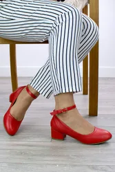 Mid Block Heel Ankle Strap Buckle Comfort Court Shoes - Red - Size: 8