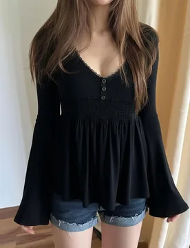 Women Knitting Sweater 2025 New French Chic Blouse Lace Paneled Low Neck Bell Sleeve Waist Cinching A Line Top - Aliexpress - FashionsVida