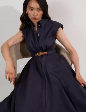 Tailored Cotton Belted Collared Full Midi Dress - Navy - Size: 14 - Karen millen - FashionsVida