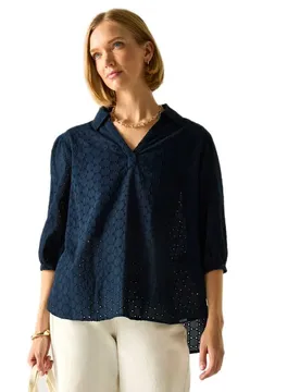 Blusa A Maniche 3/ Nofino Navy Broderie 46