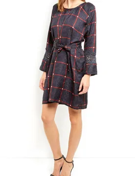 Women's Patterned Mini Dress with Lace Trim Sleeves in Navy Size: 8 - Navy - Size: 8 - Cutie London - FashionsVida