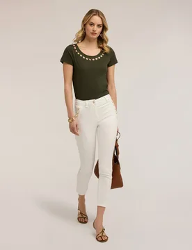 Pantalones de mujer slim en drill de algodón ajuste skinny cierre frontal con botones y cremallera - Motivi - FashionsVida