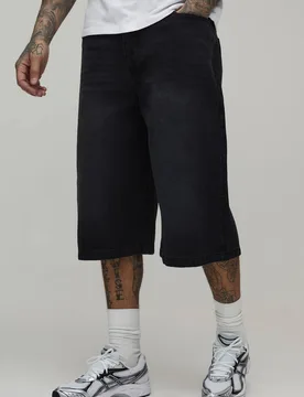 Herren Hohe Longline Denim-Jorts Washed Black Größe 36 - boohooMAN - FashionsVida