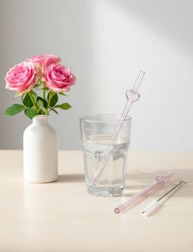 Cannucce in vetro con cuore e spazzolino per la pulizia 3 pack - rosa