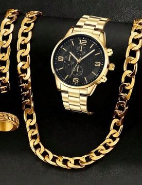 Juego de 4 piezas de joyería para hombre con reloj de cuarzo, pulsera, collar y anillo, estilo minimalista de negocios y ocio, esfera circular para u
