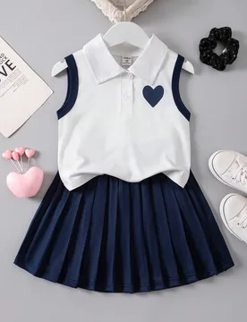 Conjunto de ropa para niñas con camiseta de punto sin mangas con cuello polo y falda plisada, ropa para volver a la escuela, conjuntos de ropa, veran - Shein - FashionsVida