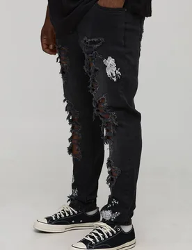 Herren Plus Floral Bestickte Zerrissene Skinny Jeans Hosen Washed Black Größe 44 - boohooMAN - FashionsVida