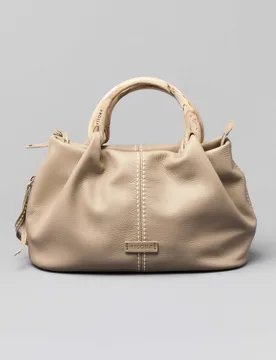 Borsa grigio beige in pelle martellata con manico in osso tono su tono e impunture a vista - Visonà - FashionsVida