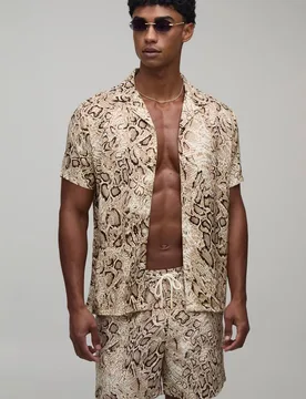 Men's Snake Printed Shirt & Swim Short Set Stone Size Medium Stone M - boohooMAN - FashionsVida