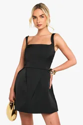 Womens Satin Square Neck Structured Mini Dress - Black - Size 8 Uk
