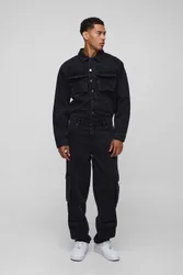 Herren Langarm Entspannter Gewaschener Cargo Denim Overall Washed Black Größe Q