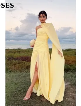 ROSES Simple Yellow Chiffion High Prom Dresses with Pleats One Shoulder Evening Dresses Split robe de bal Party Dress Customized - Aliexpress - FashionsVida