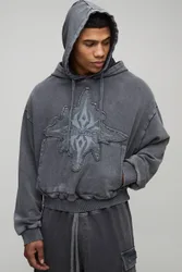 Herren Verkürzter Boxy Loopback Gewaschener OFCLMAN Applikations-Hoodie Sweatshirt Charcoal Größe Small