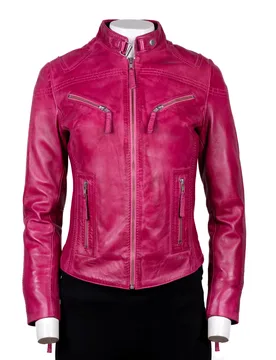 Womens Genuine Leather Biker Jacket - Slim Fit Moto Style Coat In Pink - Size 20 Regular - Woodland Leathers - FashionsVida