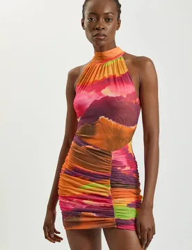 Marbled Printed Mesh Jersey High Neck Mini Dress - Multicolor - Size: S - Karen millen - FashionsVida