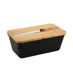 Brotbox mit Bambus-Schneidebrett und Messer schwarz braun
