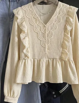 Blusas para adolescentes albaricoque casual dulce elegante unicolor con patchwork de encaje volantes manga larga camisa - Shein - FashionsVida
