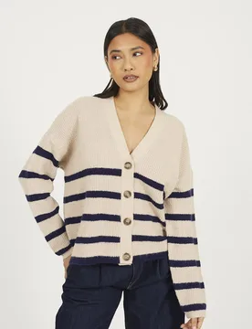 Stripe V-Neck Womens Fisherman Knit Cardigan - - Size: L - Brave soul - FashionsVida