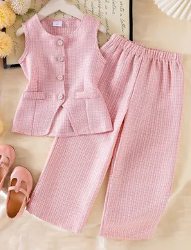 Conjunto casual diario de chaleco de un solo pecho y pantalones para niña - Shein - FashionsVida