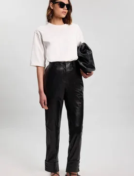 Leather Straight Leg Button Detail Trouser - Black - Size: 18 - Karen millen - FashionsVida