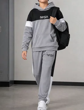 Chico preadolescente Pantalones deportivos con capucha con estampado de letra de color combinado con bolsillo de canguro - Shein - FashionsVida
