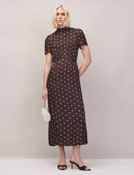 Polka Dot Puff Sleeve Midi Waisted Dress Brown Mix female