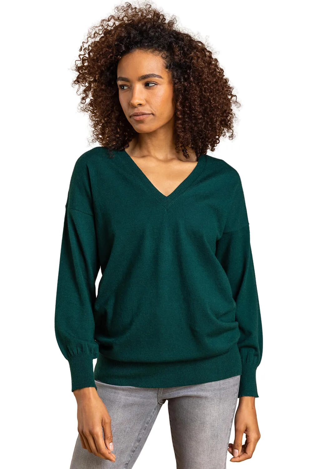 Womens Plain V-Neck Stretch Jumper - Dark Green - Size 14 Uk - Roman - FashionsVida