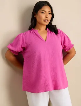 Pure Cotton Textured Ruffle Shirred Blouse Pink female - Live Unlimited London - FashionsVida