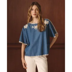 Blusa de mujer manga corta con cordón bordado