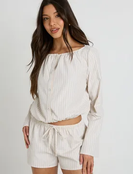 Womens Stripe Collarless Button Down Shirt - Beige - Size 12 Uk - Boohoo - FashionsVida