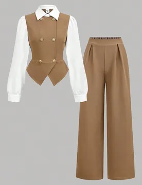 Conjunto de ropa informal para adolescentes, compuesto por camisa de solapa de doble botonadura con parches y pantalones de unicolor, conjunto de traj - Shein - FashionsVida