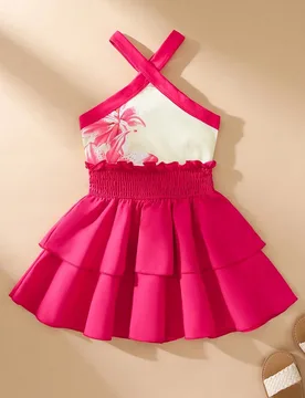 Conjunto de 2 piezas para niñas con top de tirantes halter sin mangas ajustado con estampado floral y falda de volantes escalonada de color liso con - Shein - FashionsVida