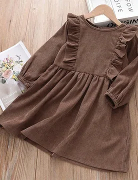 Vestido casual de niña joven de manga larga con volantes y pana suelta, para primavera y otoño - Shein - FashionsVida