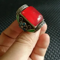 Antique Vintage Square Ruby Silver Ring, Old Silver Inlaid Adjustable Open Band, Solid Sterling Silver Collectible Jewelry