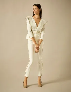 Conjunto de top manga francesa y pasamanería en contraste y pantalón tobillero - Sonia Peña - FashionsVida